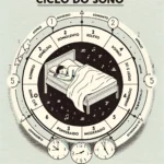 Hora de Dormir - Este infográfico ilustra as diferentes fases do ciclo do sono com um desenho de um homem dormindo no centro e os cinco relógios numerados ao redor, cada um representando uma etapa do sono: 1 "Sonolento", 2 "Sono leve", 3 "Sono moderado", 4 "Sono Profundo", e 5 "REM". 