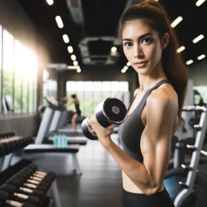 Sono e Treino - mulher levantando um haltere em um ambiente de academia.